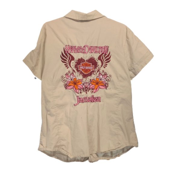 Harley Davidson Jamaica Embroidered Short Sleeve Button Front Shirt Tan Size L - Picture 2 of 8